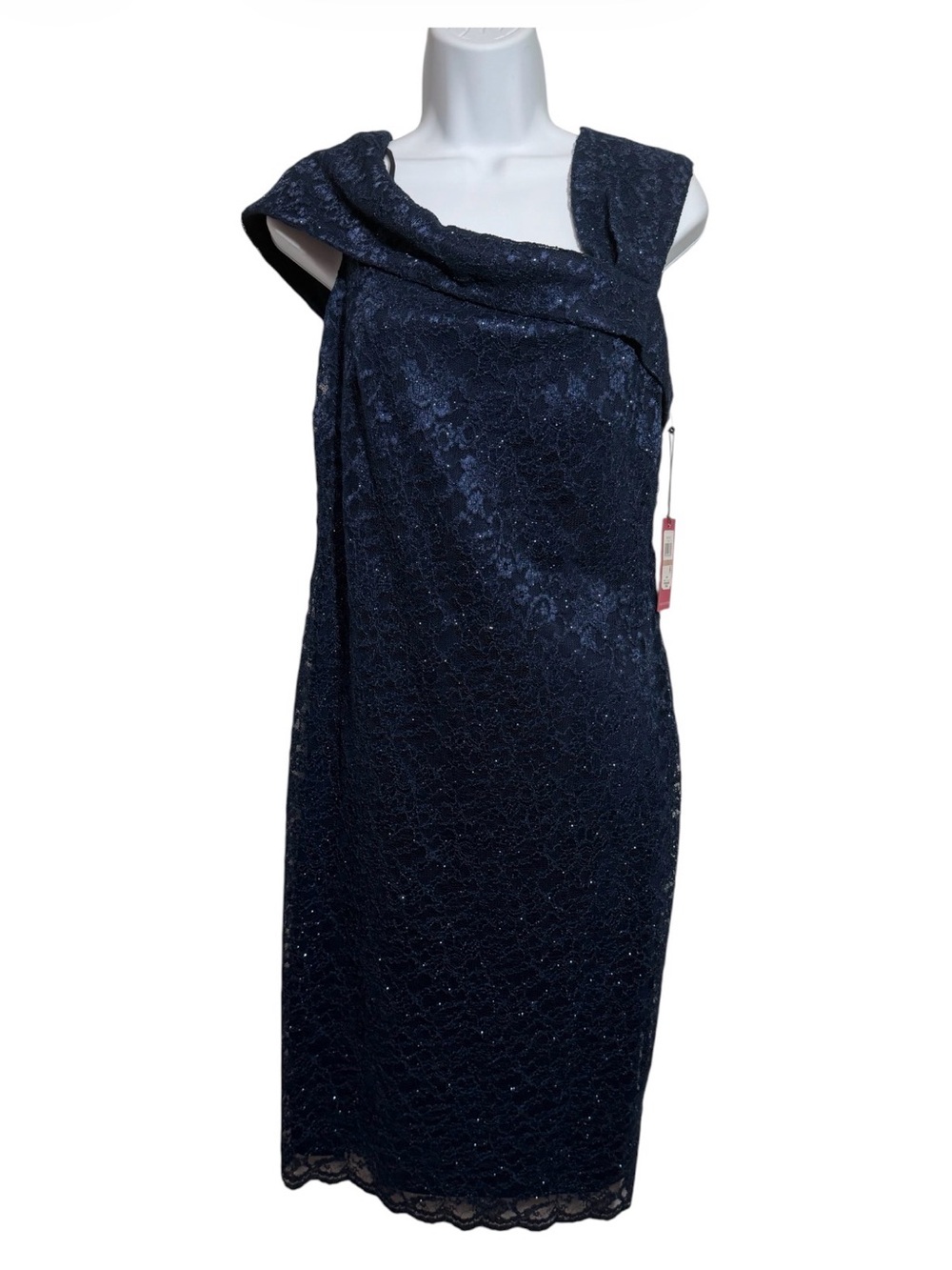 NWT Lace Sparkle Formal Vince Camuto Navy Draped Sheath Cocktail Dress Size 12